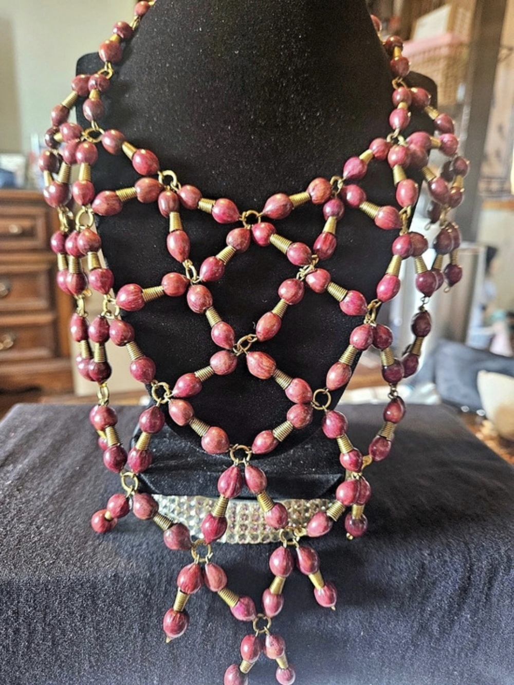 Vintage Bohemian Lattice Bib Necklace", "Red Seed/Wood Bead Statement Collar"